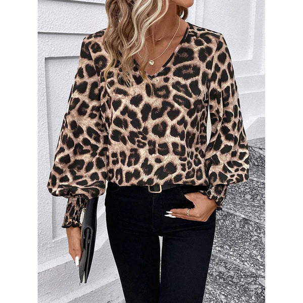 Claire – damenblusen herbst winter, einfache passform, schmal, leopardenmuster, lange armel